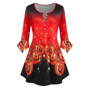 

Plus Size Pumpkin Face Print Halloween Tee, Red