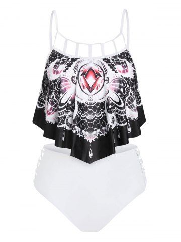 Abstract Butterfly Print Padded Gothic Tankini Set - WHITE - 3XL