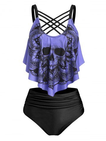 Skull Flower Print Criss-cross Padded Tankini Set - PURPLE - XL