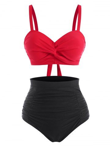 Ruquiled torcido de cintura alta push up bikini traje de baño - RED - S
