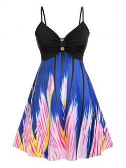 Plus Size Ruched Abstract Print Cami Dress - BLUE - L