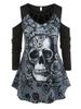 Plus Size Cold Shoulder Rose Skull Print Gothic Tee -  