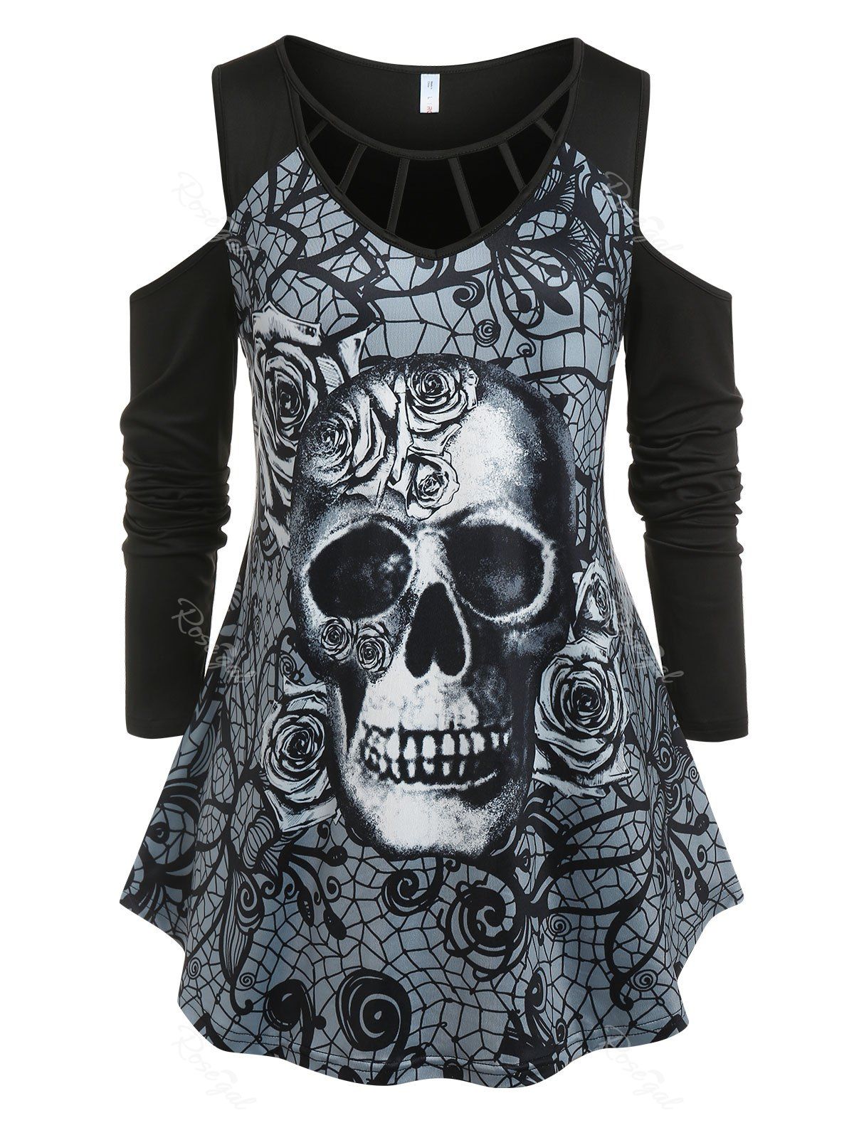 New Plus Size Cold Shoulder Rose Skull Print Gothic Tee  