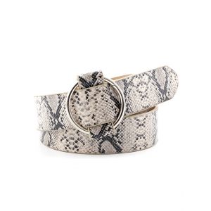 

Snakeskin Print Round Buckle Belt, Crystal cream