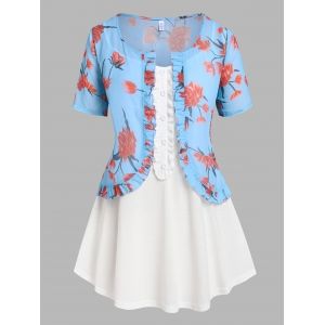 

Plus Size Flower Chiffon Ruffle Top with Cami Top Set, Light blue