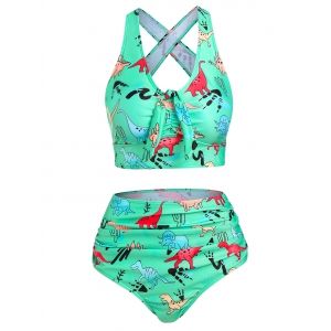 

Cartoon Dinosaur Print Bow Detail Padded Tankini Set, Light green