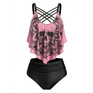 

Skull Flower Print Criss-cross Padded Tankini Set, Light pink