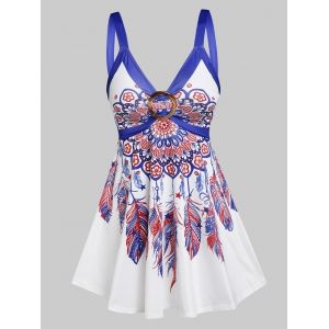 

Flower Feather Print O-ring Detail Tank Top, Blue