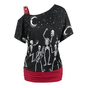 

Moon Star Skeleton Print Chain Detail Ruched T-shirt, Black