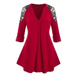 

Plus Size Lace Shoulder Button Up Blouse, Red