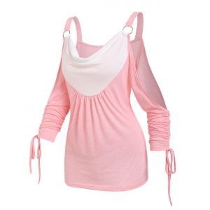 

Cold Shoulder O-ring Cinched Contrast T-shirt, Light pink
