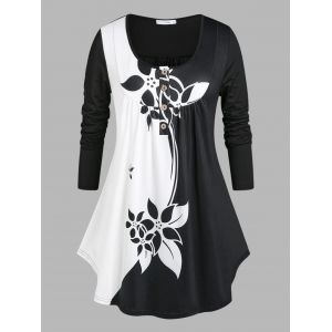 

Plus Size Floral Print Colorblock T-shirt, Black