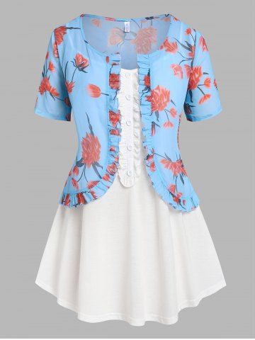 Plus Size Flower Chiffon Ruffle Top with Cami Top Set