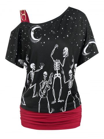 Moon Star Skeleton Print Cadena Detalle Detalle Camiseta ruchada - BLACK - XXXL
