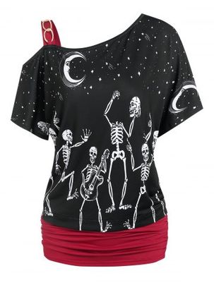 Moon Star Skeleton Print Chain Detail Ruched T-shirt