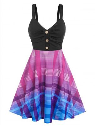 Ruched Ombre Color Plaid Dress