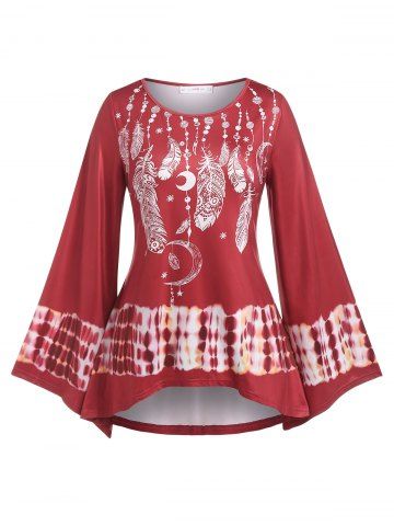 Plus Size Bell Sleeve Dreamcatcher Print T Shirt - RED - 5X