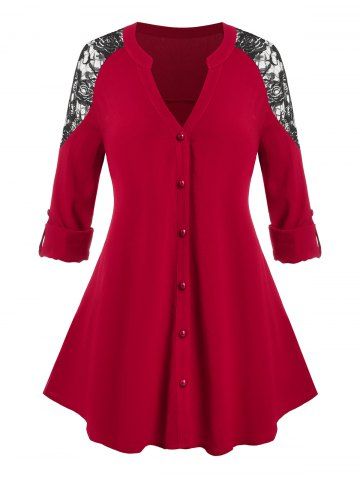 Plus Size Lace Shoulder Button Up Blouse - RED - L