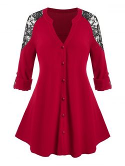 Plus Size Lace Shoulder Button Up Blouse - RED - 1X