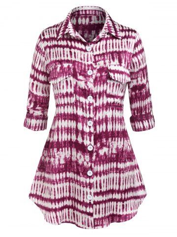Plus Size Tie-dye Roll Tab Sleeve Long Shirt - CONCORD - 5X