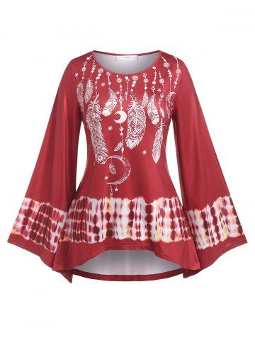 Plus Size Bell Sleeve Dreamcatcher Print T Shirt - RED - 4X