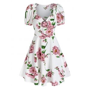 

Floral Print Puff Sleeve Flare Dress, White