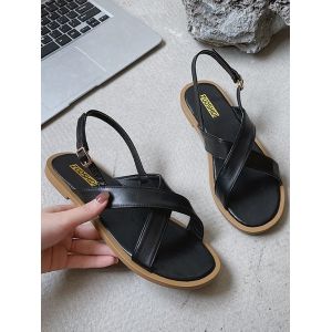 

Criss Cross Strap Open Toe Flat Sandals, Black
