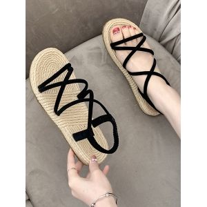 

Cross Strappy Elastic Band Flat Roman Sandals, Black