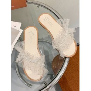 

Rhinestone Embellished Lace Faux Pearl Flat Slides, Beige