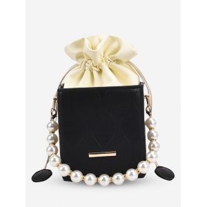 

Boxy Faux Pearl Drawstring Bucket Bag, Black