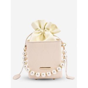 

Boxy Faux Pearl Drawstring Bucket Bag, White