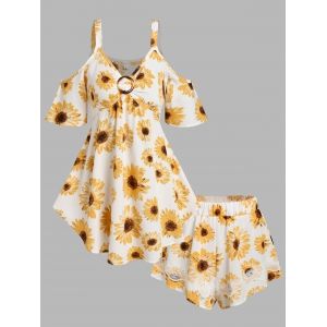 

Flower Print Cold Shoulder O-ring Blouse and Mini Shorts Set, White