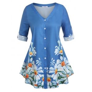 

Plus Size Roll Up Sleeve Floral Print Blouse, Blue