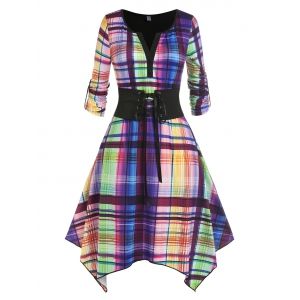 

Plus Size Lace Up Colorful Plaid Handkerchief Dress, Multi