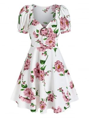 Floral Print Puff Sleeve Flare Dress
