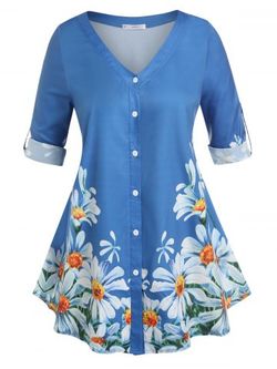 Plus Size Roll Up Sleeve Floral Print Blouse - BLUE - 1X