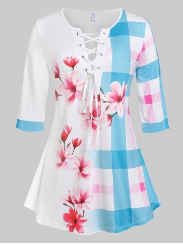 Plus Size Floral Print Plaid Lace Up T-shirt - WHITE - 3X