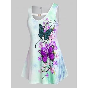 

Plus Size Flower Butterfly Tie Dye Curved Hem Tank Top, Light green