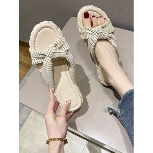 

Striped Bowknot Platform Flat Slides, Beige