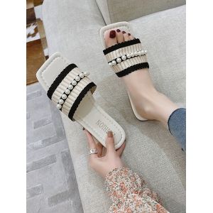 

Faux Pearl Woven Vamp Square Toe Slides, Black