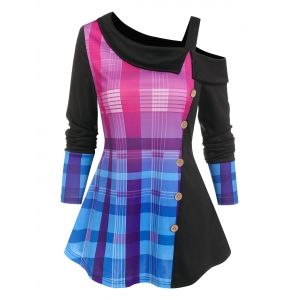 

Skew Neck Ombre Color Plaid T-shirt, Black