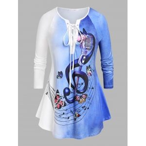 

Plus Size Lace Up Ombre Color Music Notes Print Tee, Blue