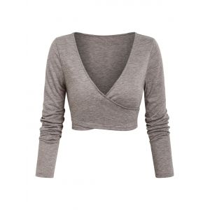 

Plunge Neck Crossover Cropped Heathered T-shirt, Light coffee