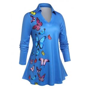 

Plus Size V Neck Butterfly Print T-shirt, Blue