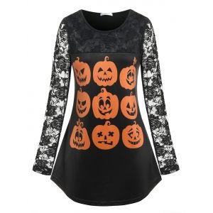 

Plus Size Lace Sleeve Pumpkin Face Print Halloween Tee, Black