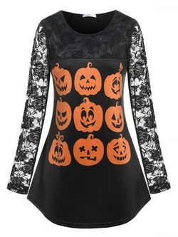 Plus Size Lace Sleeve Pumpkin Face Print Halloween Tee - BLACK - L