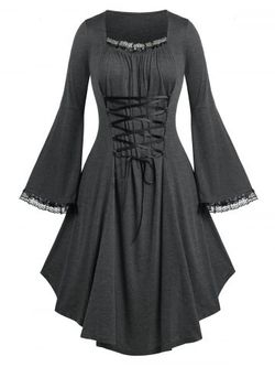 Plus Size Lace Up Bell Sleeve Dress - GRAY - 2X