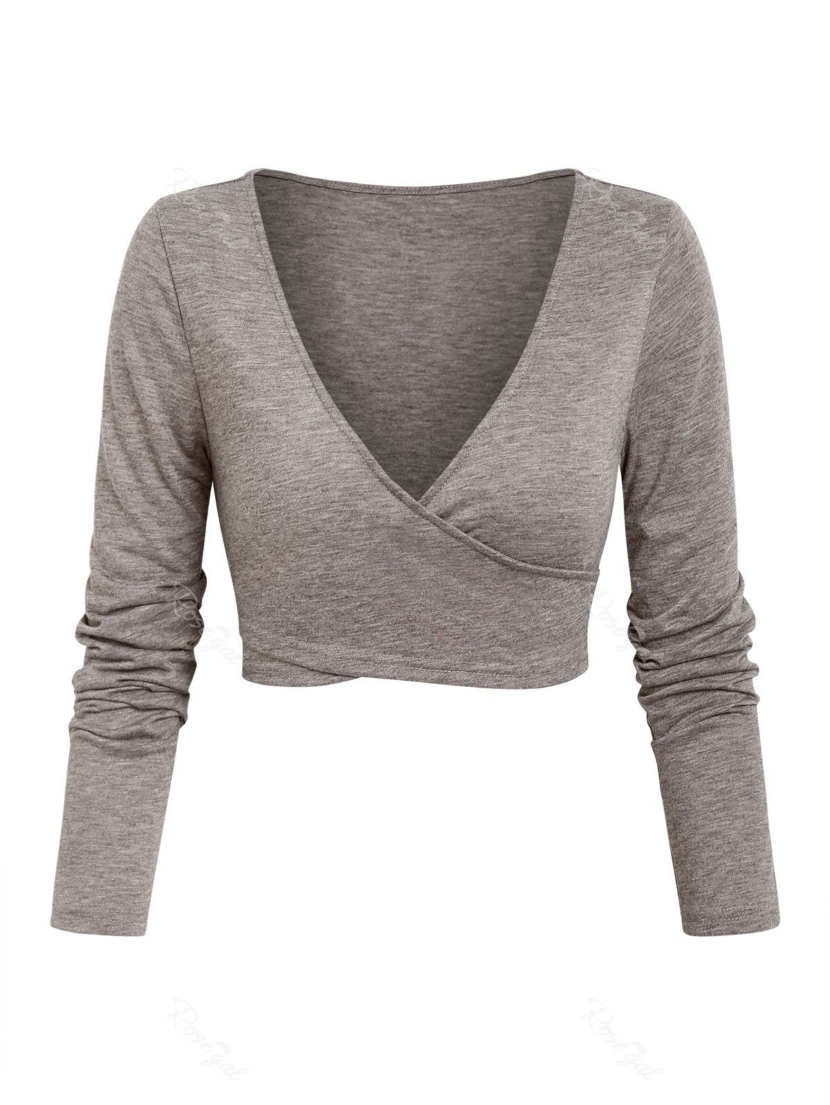 Cheap Plunge Neck Crossover Cropped Heathered T-shirt  