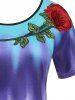 T-shirt Tunique Teinté Rose Brodée à Manches Raglan de Grande Taille - Multi 5X