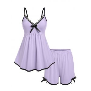 

Plus Size Lace Trim Binding Bowknot PJ Two Piece Short Set, Light purple